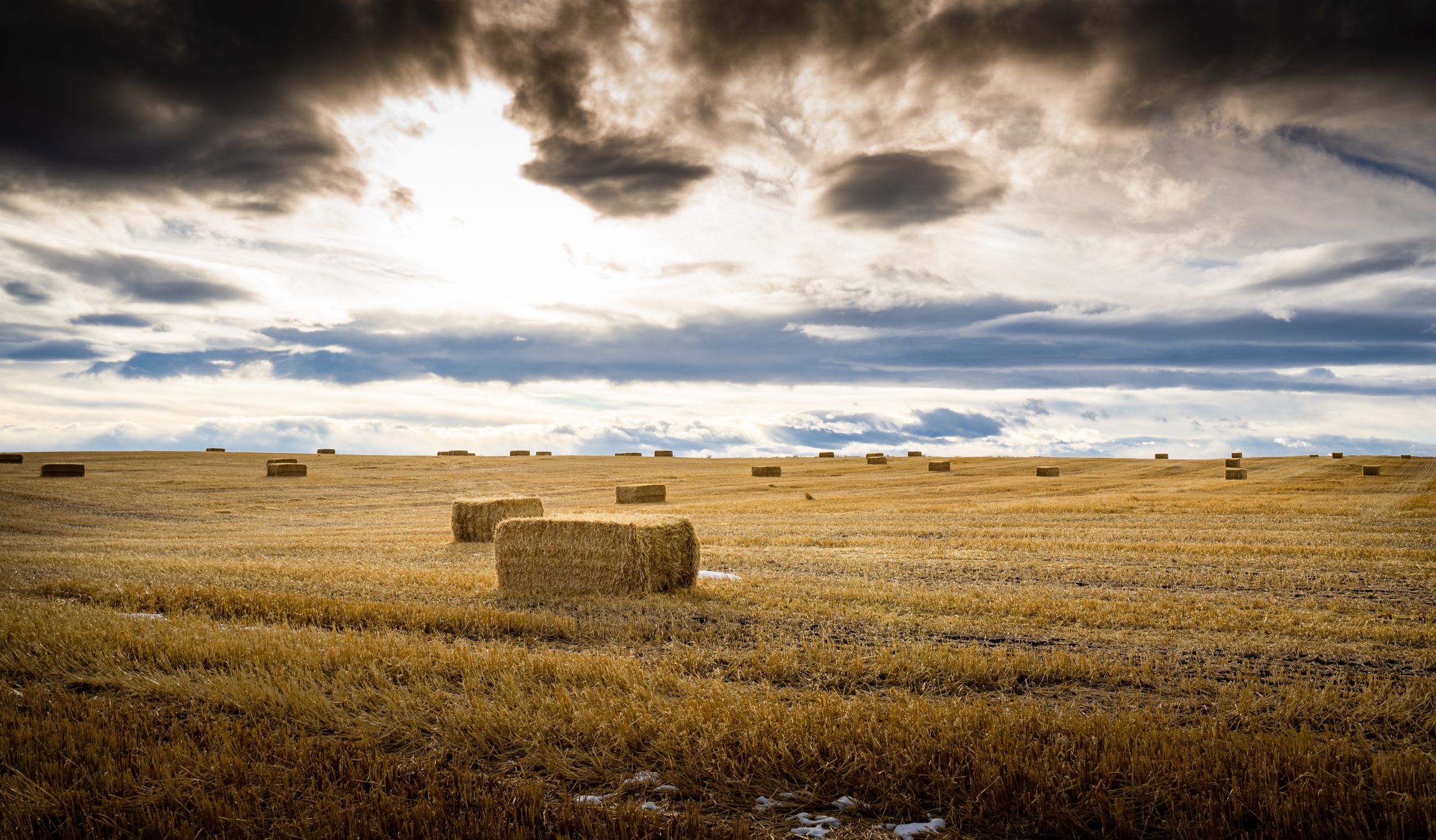 Square,Hay,Bales,After,Harvest,Under,A,Dramatic,Sky,On